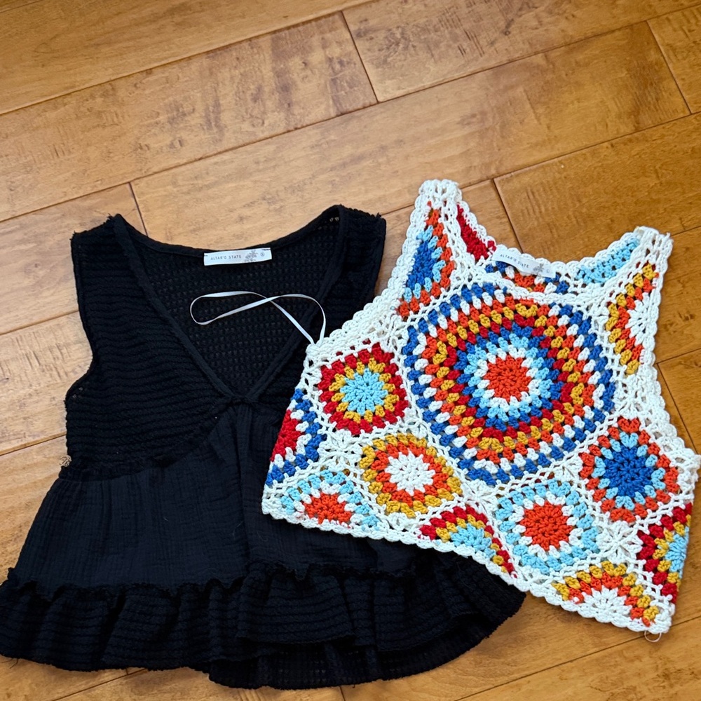 Colorful Crochet Crop Top and Black Knit Top